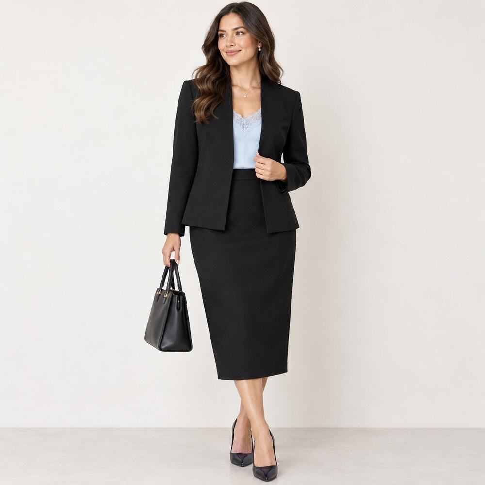 Kasper Skirt Suit Set Womens 10 P Black Long Sleeve Midi Zip Vintage Y2K